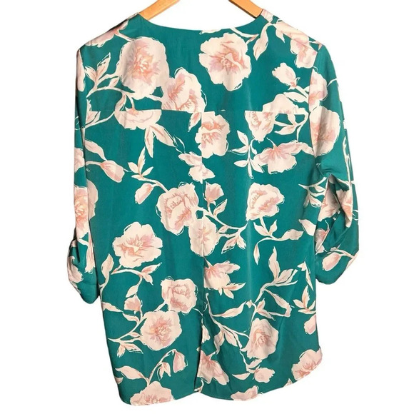 Verse Maternity Women’s Blouse Green Floral V Neck Roll Tab Sleeve Size L - Picture 7 of 11